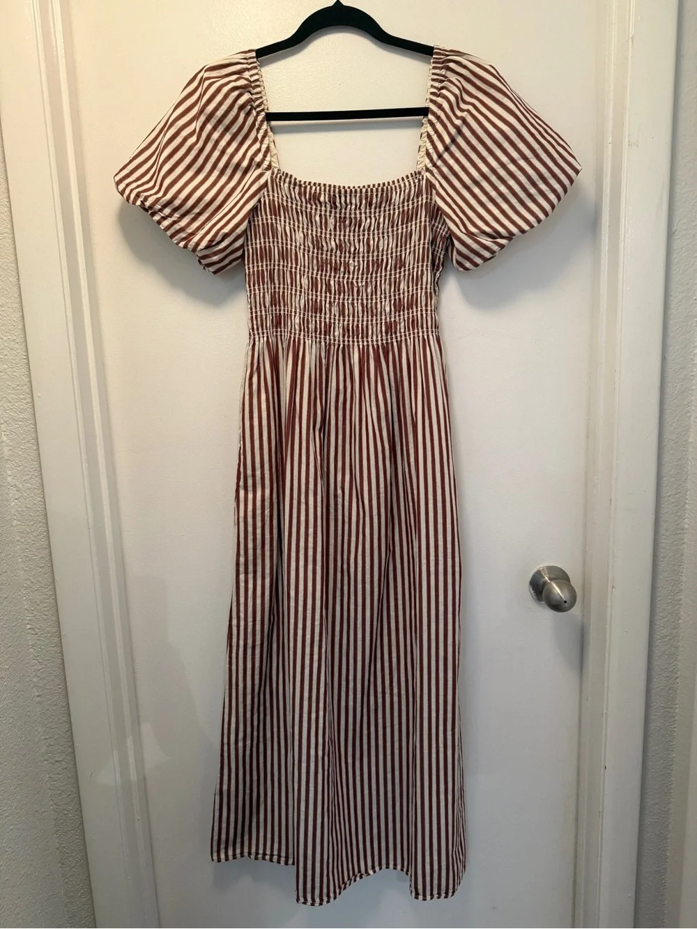 Hill House Julia Nap Dress | Rust Stripe | Cotton Midi | Smocked | Size S - Picture 7 of 12